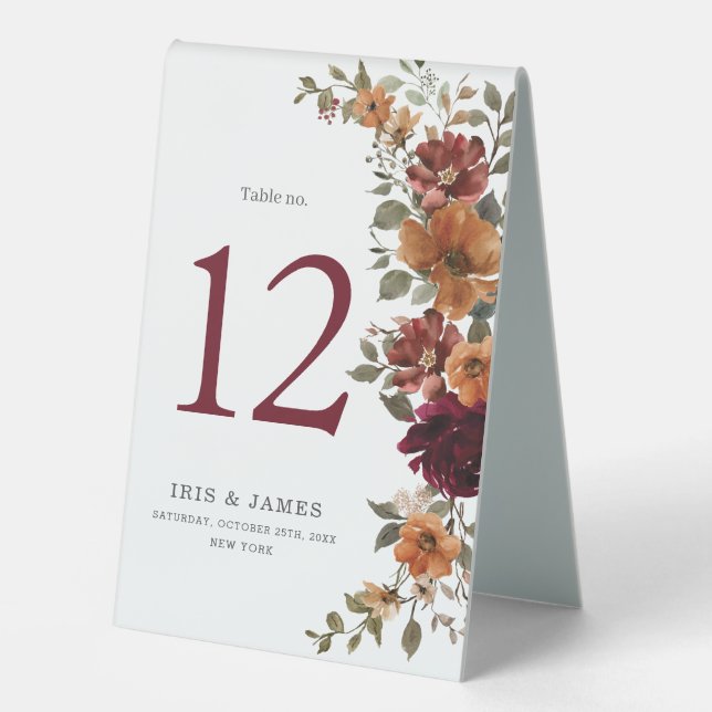 Burgundy Burnt Orange Floral Wedding Table Number (Front)