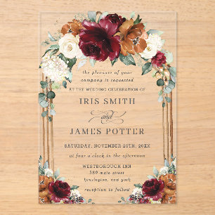 Burgundy Burnt Orange Ivory Floral Arch Wedding Acrylic Invitations