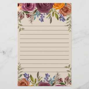 Burgundy Burnt Orange Purple Floral Lined Stationery