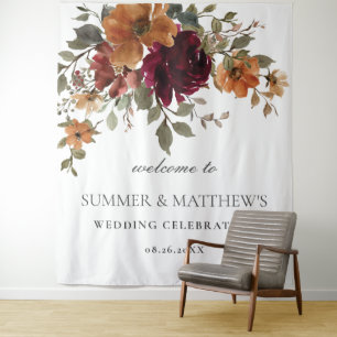 Burgundy Burnt Orange Rust Floral Wedding Backdrop Tapestry