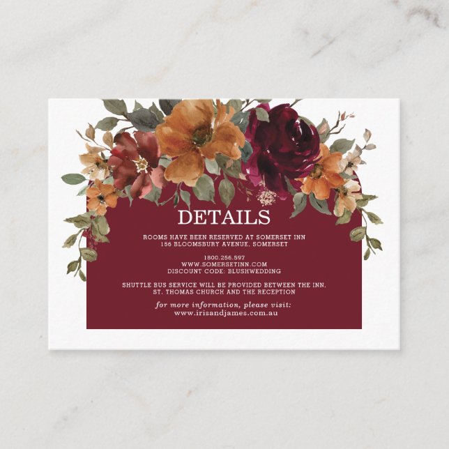 Burgundy Burnt Orange Rust Floral Wedding Details Enclosure Card (Front)