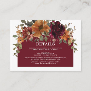 Burgundy Burnt Orange Rust Floral Wedding Details Enclosure Card
