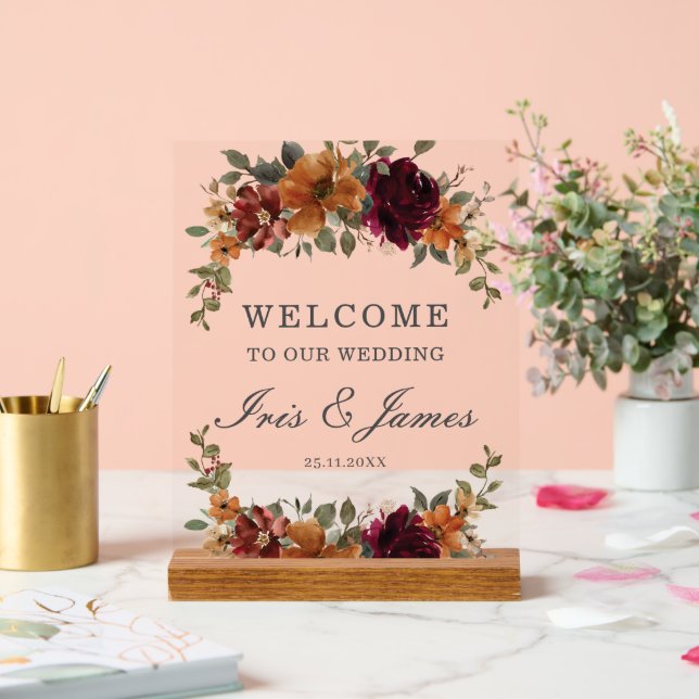 Burgundy Burnt Orange Rust Floral Wedding Welcome Acrylic Sign (Wedding)