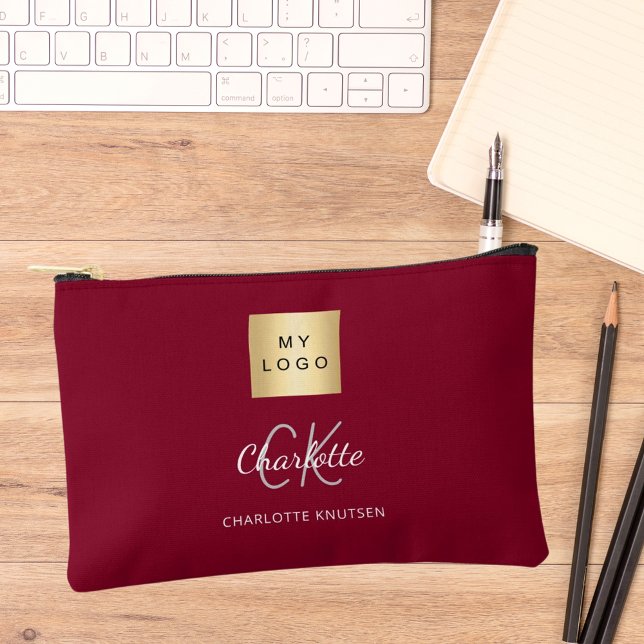Burgundy business logo name monogram accessory pouch (Creator Uploaded)