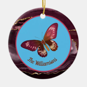 Burgundy Butterfly on Blue Sky Merry and Bright Ceramic Tree Decoration