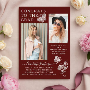 Burgundy Butterfly Photo Graduation Party Acrylic Invitations