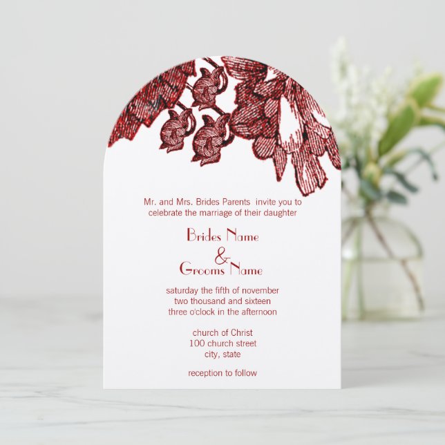 Burgundy Cabbage Rose Wedding Invitation (Standing Front)