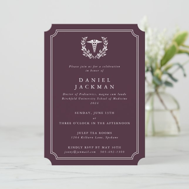 Burgundy Caduceus+Laurel Medical School Graduation Invitation (Standing Front)