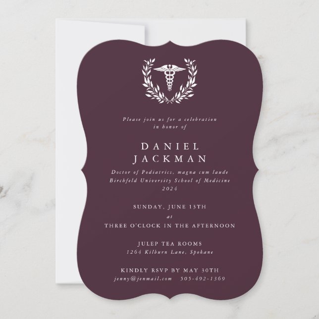 Burgundy Caduceus Medical School Graduation Invitation (Front)