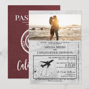 Burgundy California Passport Wedding Invitation