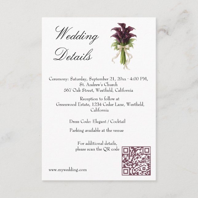 Burgundy Calla Lily Wedding Bouquet Ivory Ribbon  Enclosure Card (Front)
