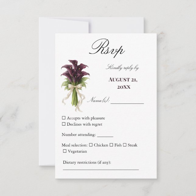 Burgundy Calla Lily Wedding Bouquet Ivory Ribbon  RSVP Card (Front)