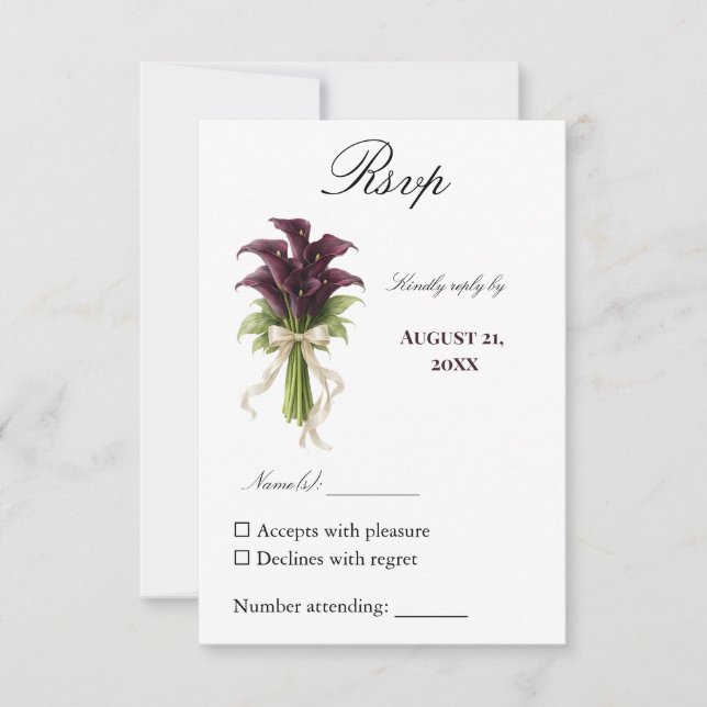 Burgundy Calla Lily Wedding Bouquet Ivory Ribbon  RSVP Card (Front)
