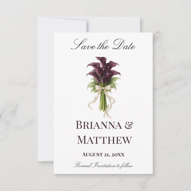 Burgundy Calla Lily Wedding Bouquet Ivory Ribbon  Save The Date (Front)
