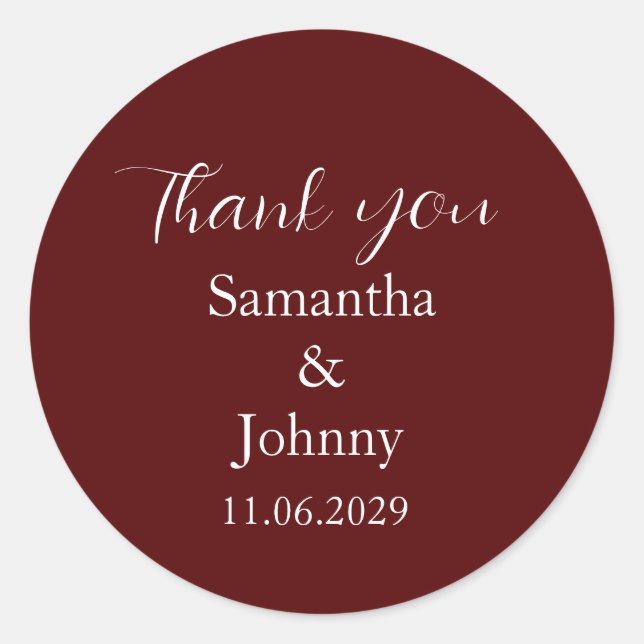 Burgundy Calligraphy Elegant Couple Wedding Classic Round Sticker (Front)