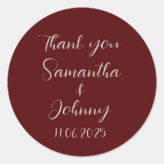 Burgundy Calligraphy Elegant Couple Wedding Classic Round Sticker