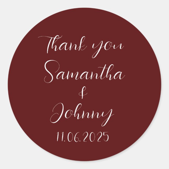 Burgundy Calligraphy Elegant Couple Wedding Classic Round Sticker (Front)