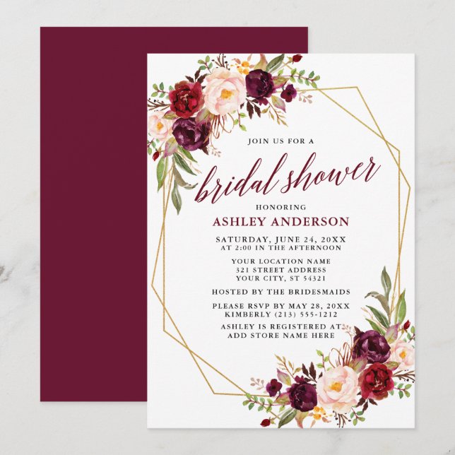 Burgundy Calligraphy Geometric Bridal Shower Invitation (Front/Back)