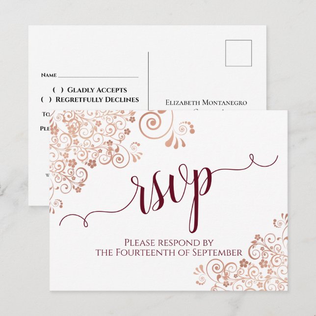 Burgundy Calligraphy Rose Gold Lace Wedding RSVP  Postcard (Front/Back)