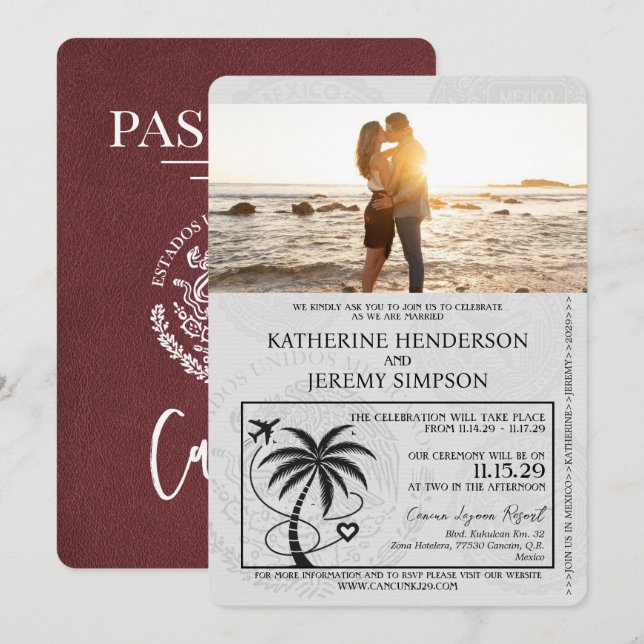 Burgundy Cancun Passport Wedding Invitation (Front/Back)