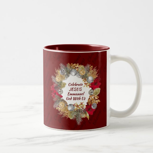 Burgundy CELEBRATE JESUS Christmas Wreath Two-Tone Coffee Mug (Right)