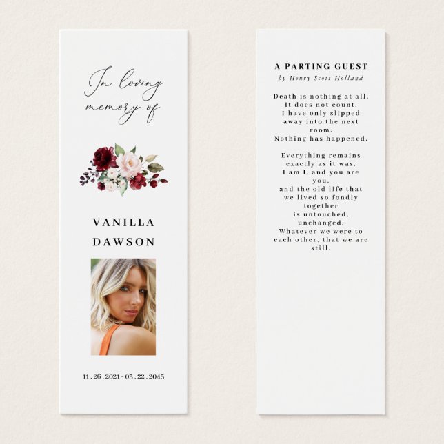 Burgundy Celebration Of Life Bookmark  (Front & Back)