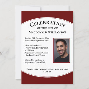 Burgundy CELEBRATION OF LIFE Photo Funeral Invitation