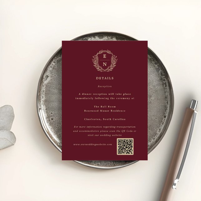 Burgundy Champagne Crest Monogram Wedding Details  Enclosure Card (Burgundy Champagne Crest Monogram Wedding Details Enclosure Card)