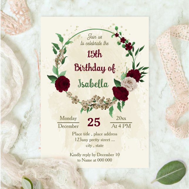 Burgundy champagne flowers botanical birthday invitation (Creator Uploaded)