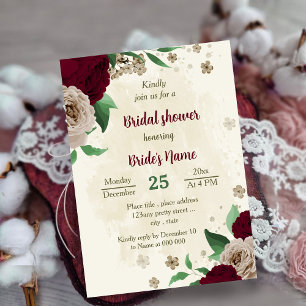 Burgundy champagne flowers botanical bridal shower invitation