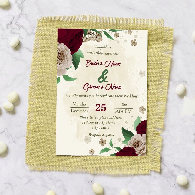 Burgundy champagne flowers botanical wedding invitation (Creator Uploaded)