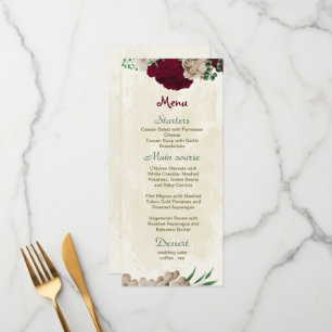 Burgundy champagne flowers botanical wedding menu