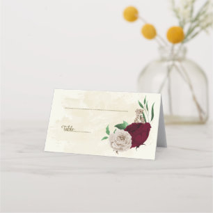 Burgundy champagne flowers botanical wedding place card
