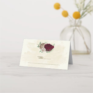 Burgundy champagne flowers botanical wedding place card