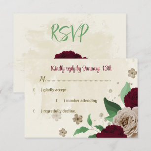 Burgundy champagne flowers botanical wedding RSVP card