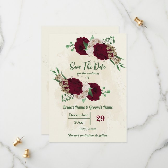 Burgundy champagne flowers botanical wedding save the date (Front/Back In Situ)