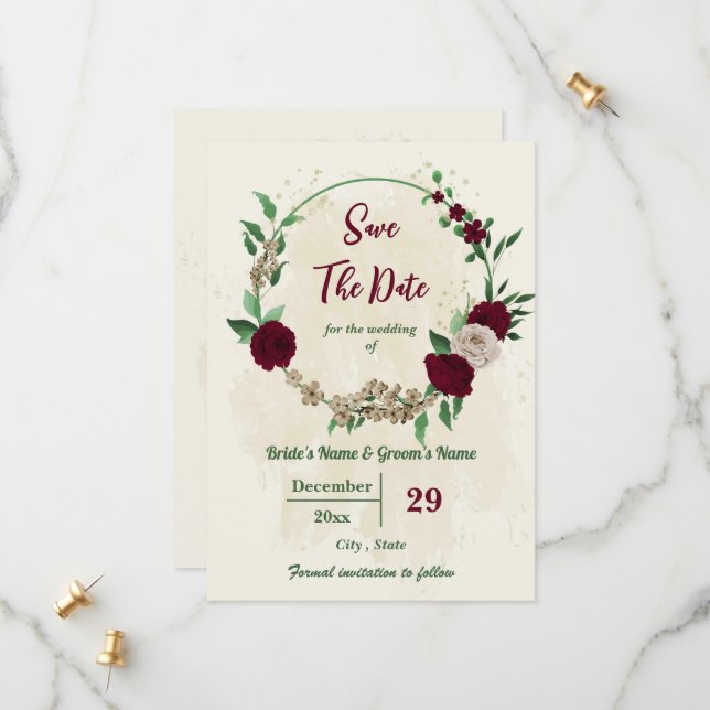 Burgundy champagne flowers botanical wedding save the date (Front/Back In Situ)