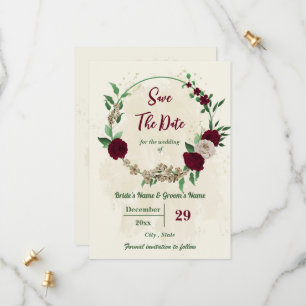 Burgundy champagne flowers botanical wedding save the date