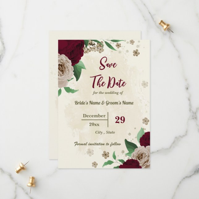 Burgundy champagne flowers botanical wedding save the date (Front/Back In Situ)