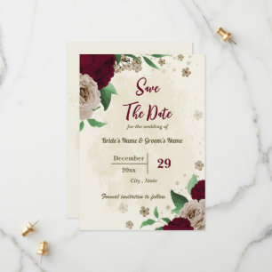 Burgundy champagne flowers botanical wedding save the date