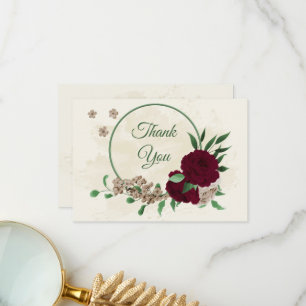 Burgundy champagne flowers botanical wedding thank you card