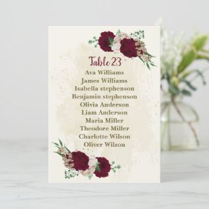 Burgundy champagne flowers seating chart card