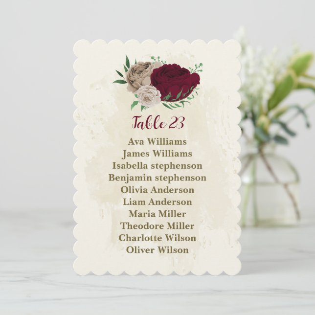 Burgundy champagne flowers seating chart card (Standing Front)