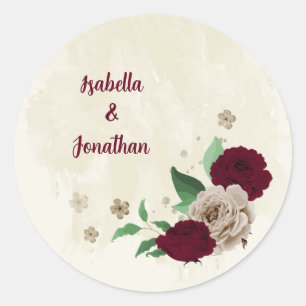 Burgundy champagne flowers wedding classic round sticker