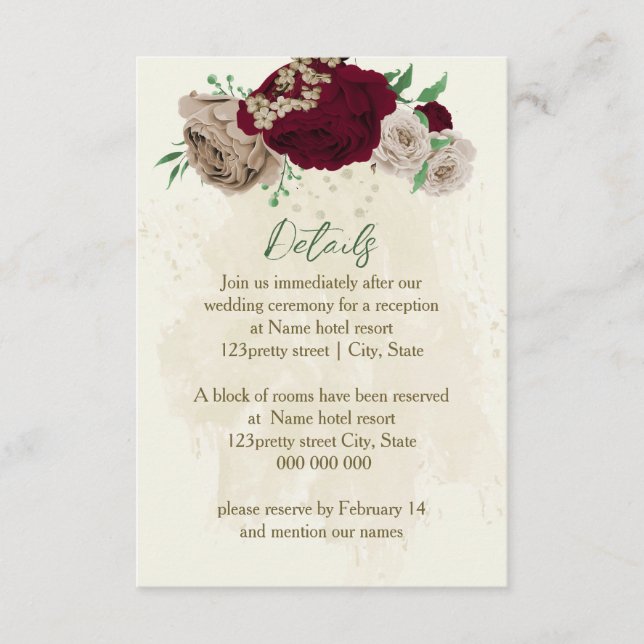 Burgundy champagne flowers wedding details enclosure card (Front)