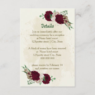 Burgundy champagne flowers wedding details enclosure card
