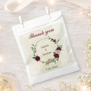 Burgundy champagne flowers wedding favour bags