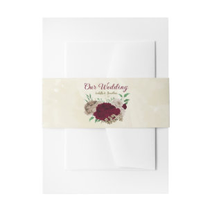 Burgundy champagne flowers wedding invitation belly band