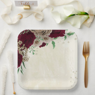 Burgundy champagne flowers wedding paper plate