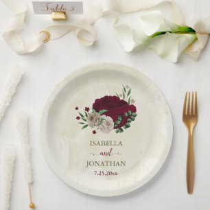 Burgundy champagne flowers wedding paper plate